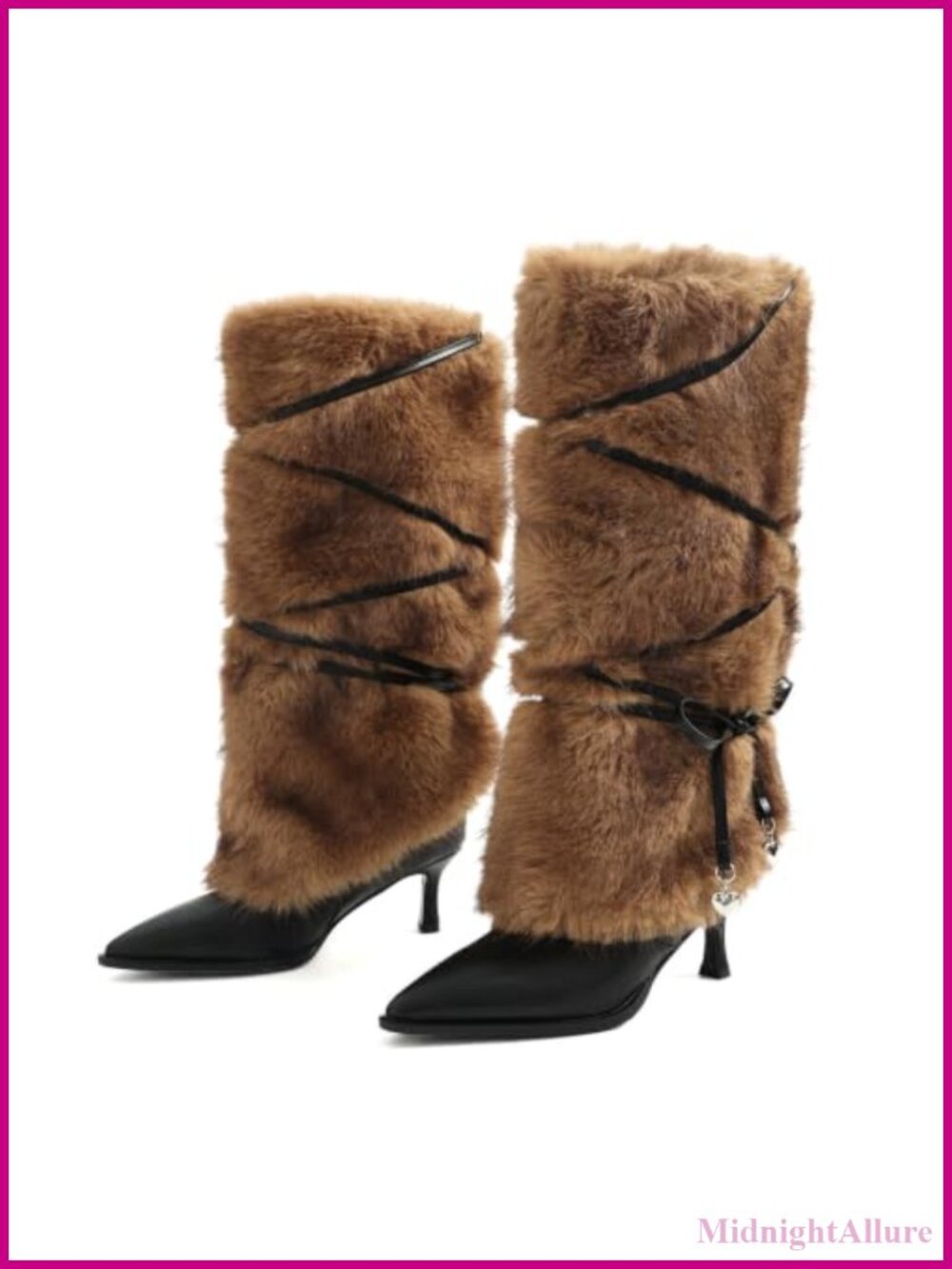 Fuzzy Mid Calf Pull On Pointed Toe Boots with Kitten Heel & Heart Charm